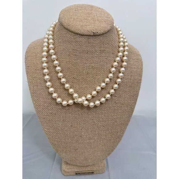 Vintage Long Faux Pearl Necklace Hand Knotted Hidden Pearl Clasp - Picture 2 of 4